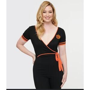 Unique Vintage 1970s Black & Orange Pumpkin Surplice Bodysuit Sz M #60